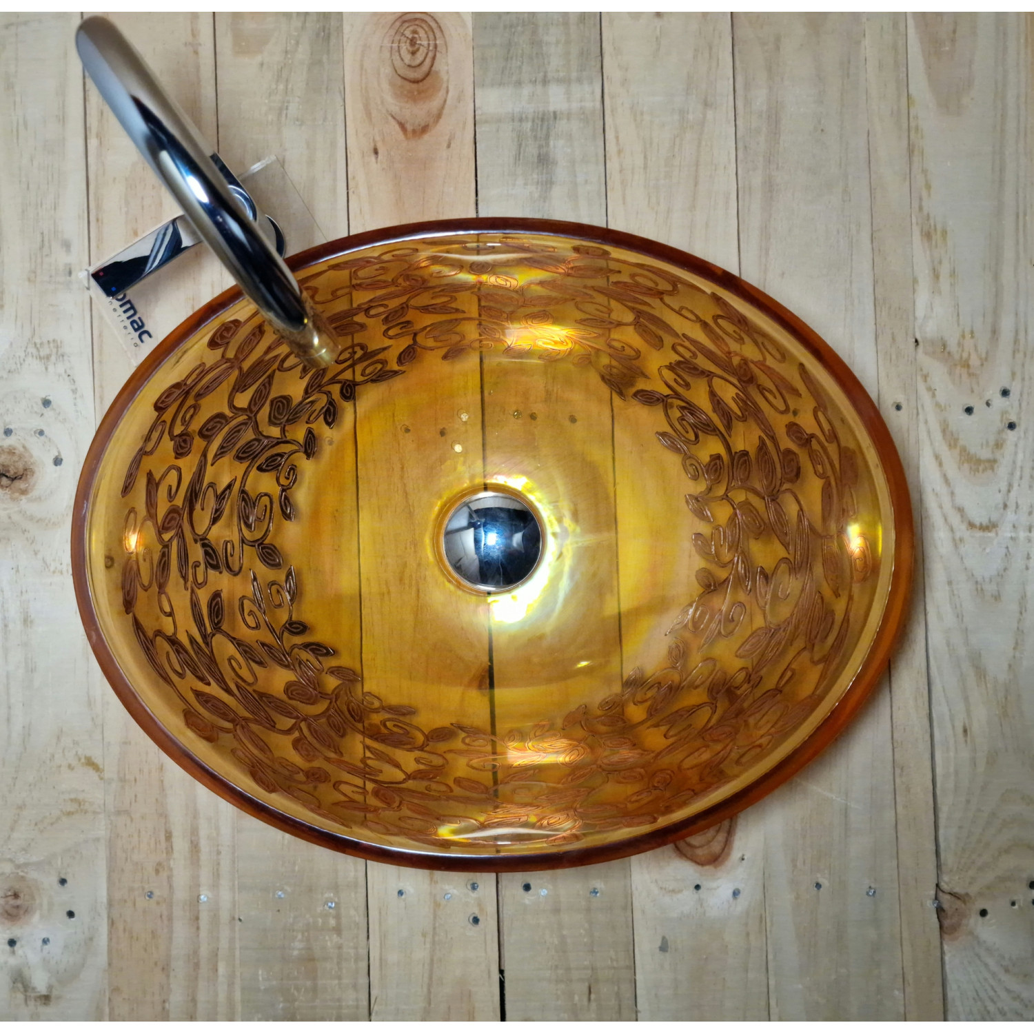 Průhledné jantarové skleněné umyvadlo s oválným tvarem a zlatou dekorací U034 foto4