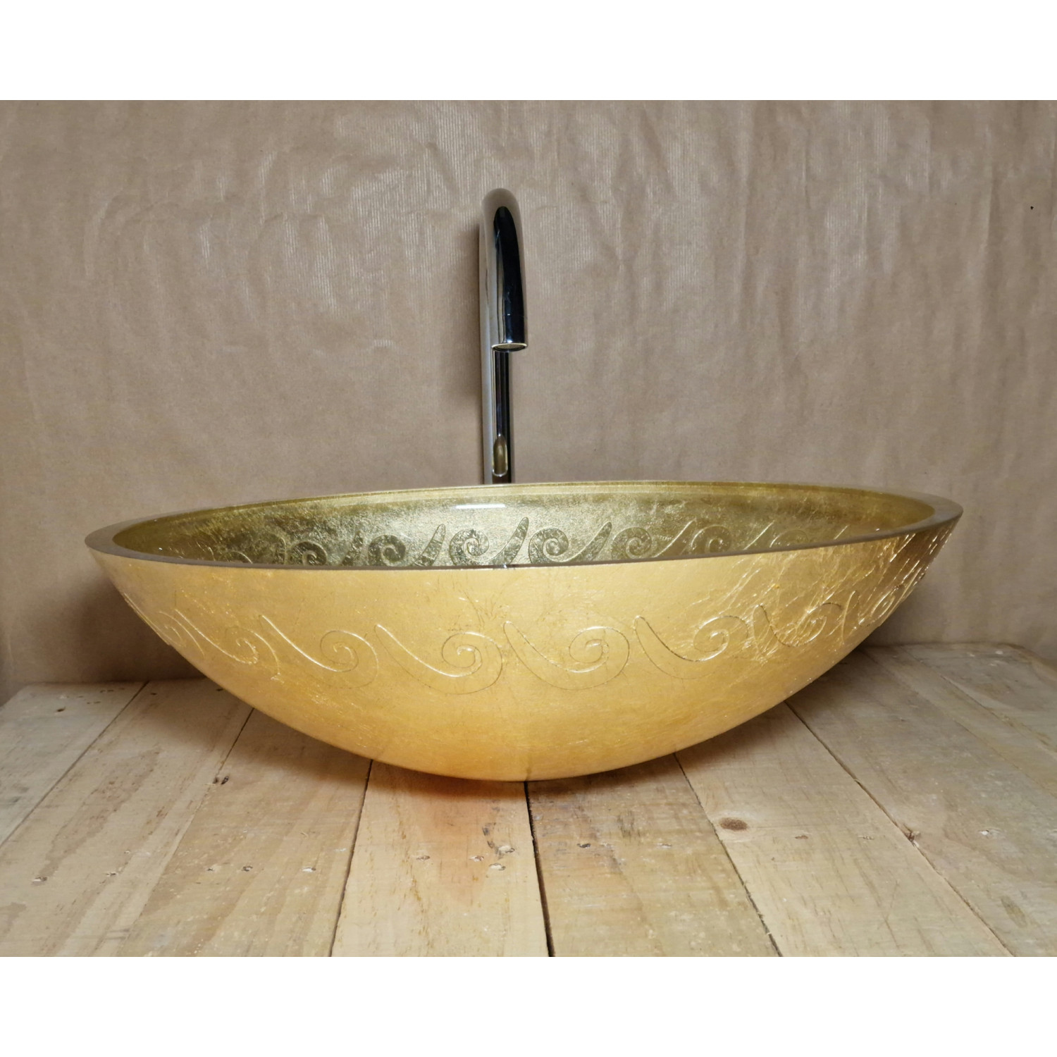 Luxusní oválné skleněné umyvadlo s dekorací zlatou fólií U044