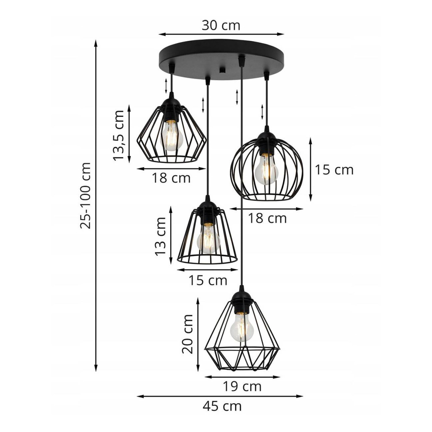 Černé závěsné světlo s originálními kovovými stínidlami EDISON 1502/4/OW/MIX foto4
