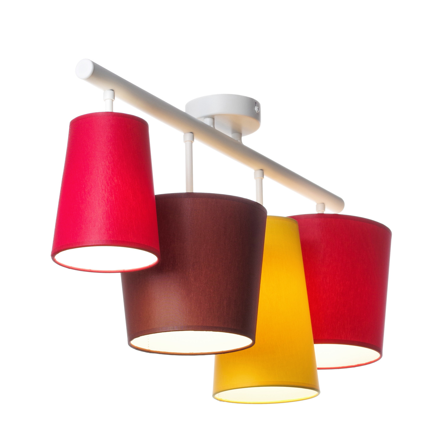 Designový lustr v bílém provedení s červeným, žlutým a hnědým stínidly. 40944 "JAZZ"