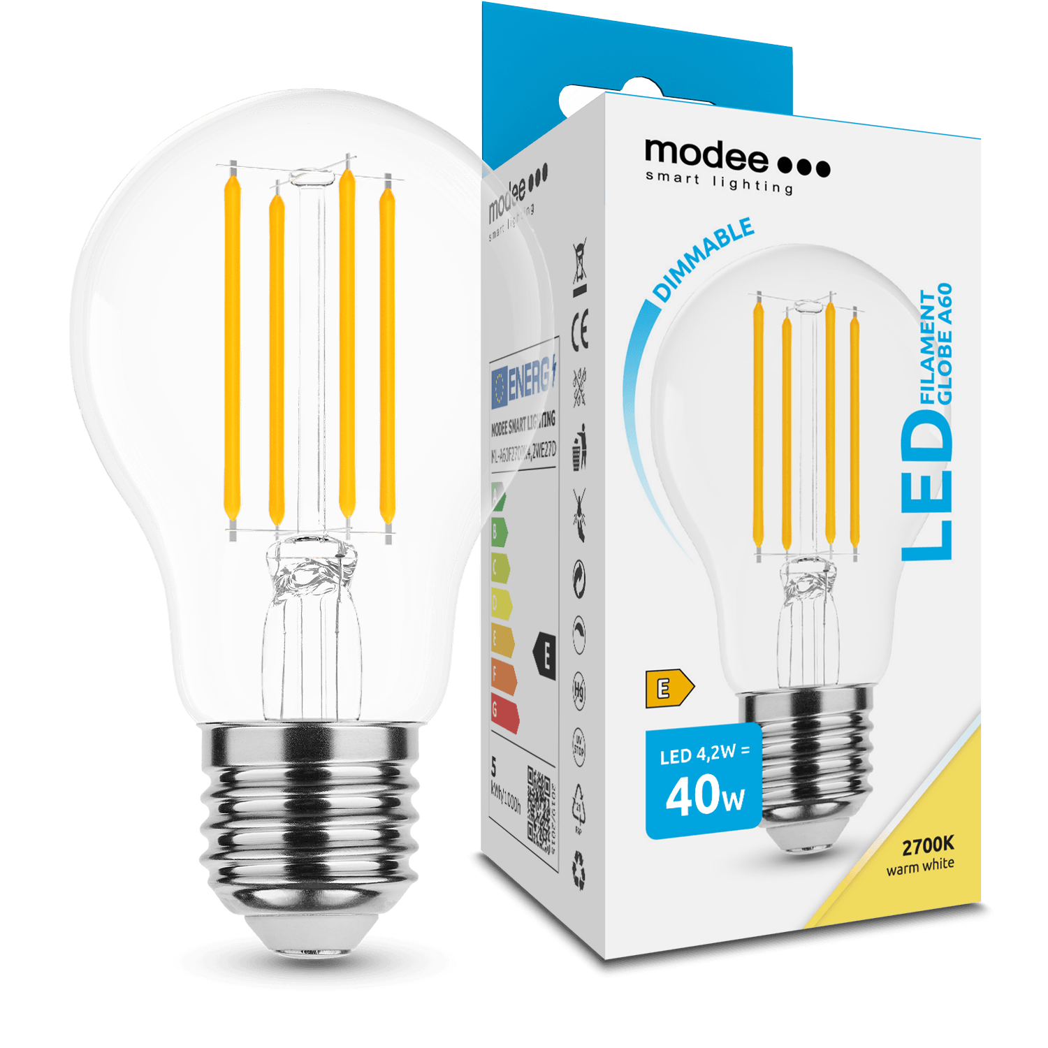 Skleněná  žárovka LED Filament Globe A60 4,2W E27 360° 2700K (470 lumen) dimm.