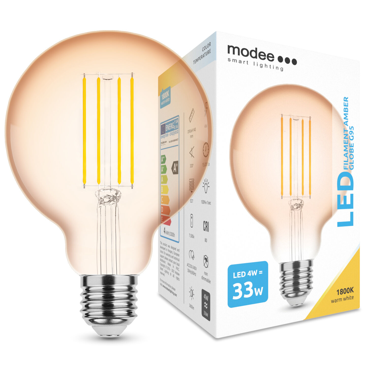 LED žárovka Jantarová  skleněná koule Filament Amber Globe G95 4W E27 320° 1800K (360 lumen)