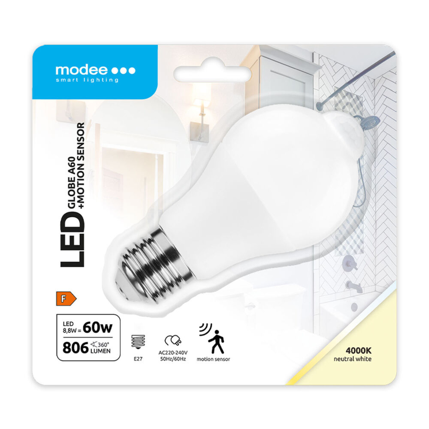 Inteligentní pohybová žárovka LED Smart (PIR Sensor) Globe A60 8,8W E27 270° 4000K (806 lumen)
