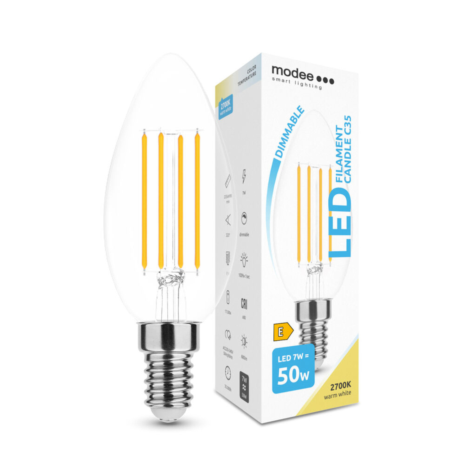 LED žárovka svíčka Modee Filament C35 7W E14 360° 2700K (806 lumen) dimm